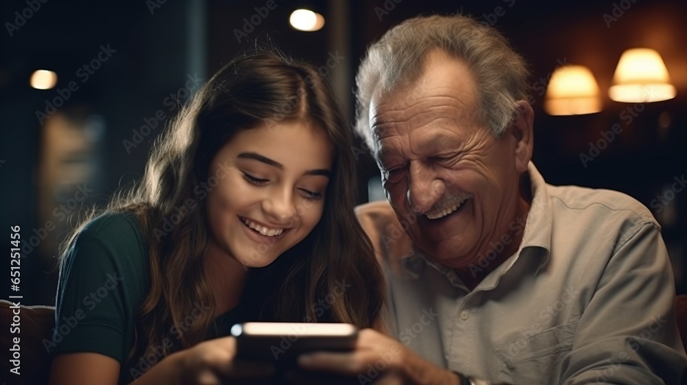 Grandfather and granddaughter look at the cell phone smiling_1