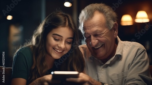 Grandfather and granddaughter look at the cell phone smiling_1