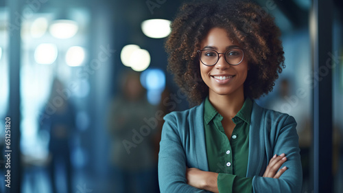 Happy african american young woman standing with arms crossed in office.generative ai photo