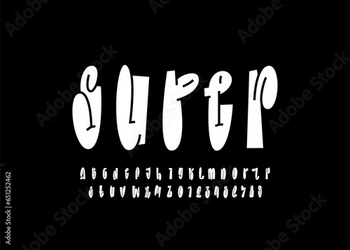 Graffiti long font, white comic alphabet in the street art style, narrow lowercase letters and numbers, vector illustration 10EPS