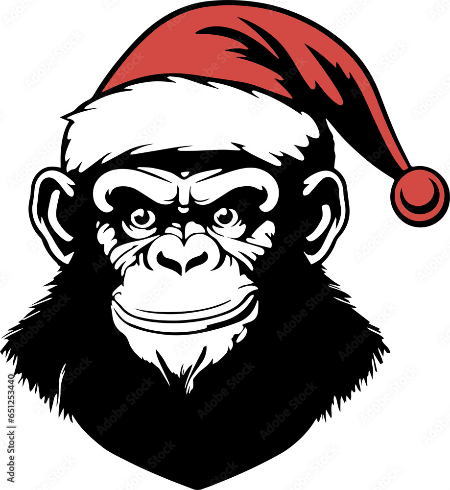 Monkey in a Christmas hat, Ape head in Christmas hat illustration Monkey in a Christmas hat, Ape head in Christmas hat illustration