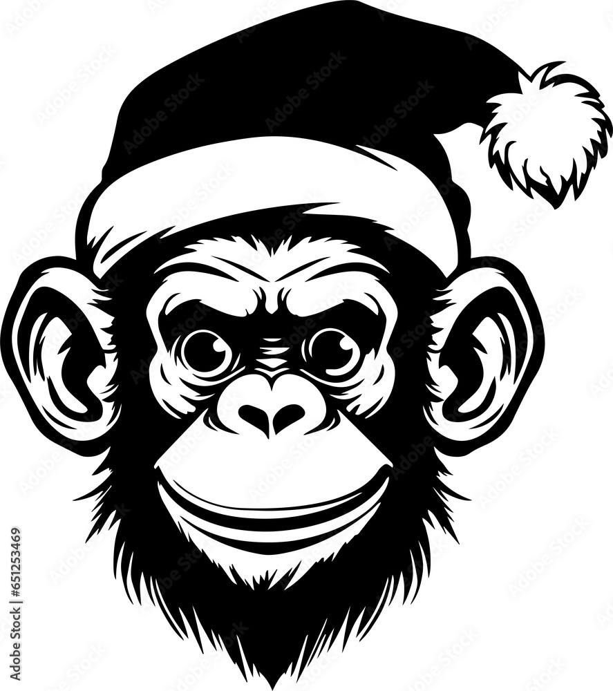 Monkey in a Christmas hat, Ape head in Christmas hat illustration