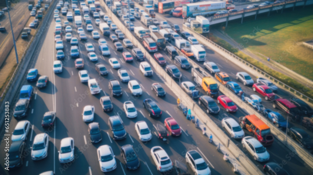 Aerial image of Cars in heavy jams traffic in the center of the highway, abstract image blurry background