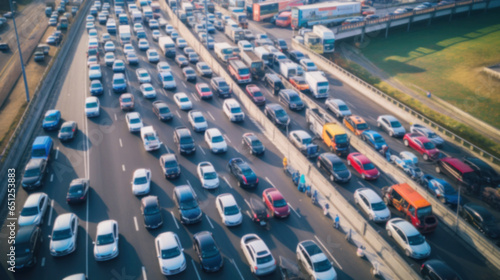 Aerial image of Cars in heavy jams traffic in the center of the highway, abstract image blurry background © chiew