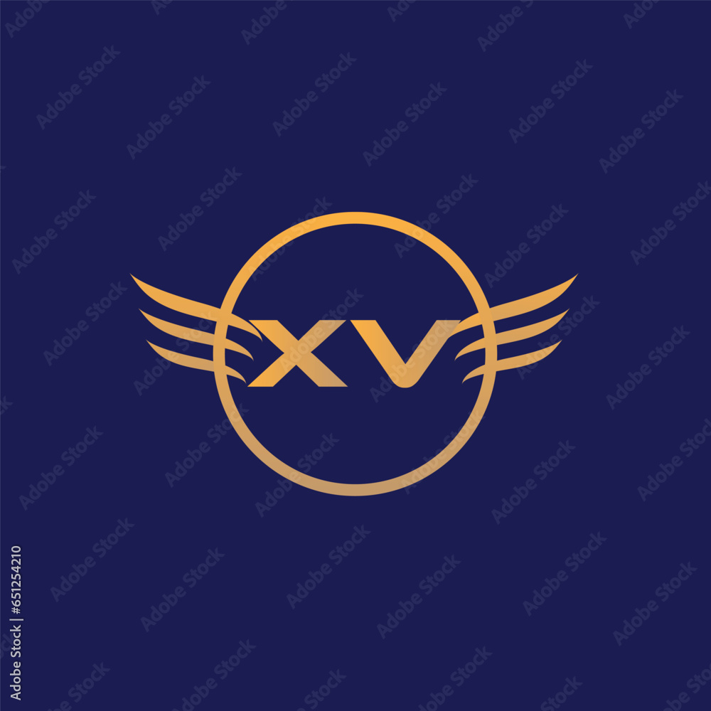 Fototapeta premium XV gold golden alphabet letter logo design. Background Blue