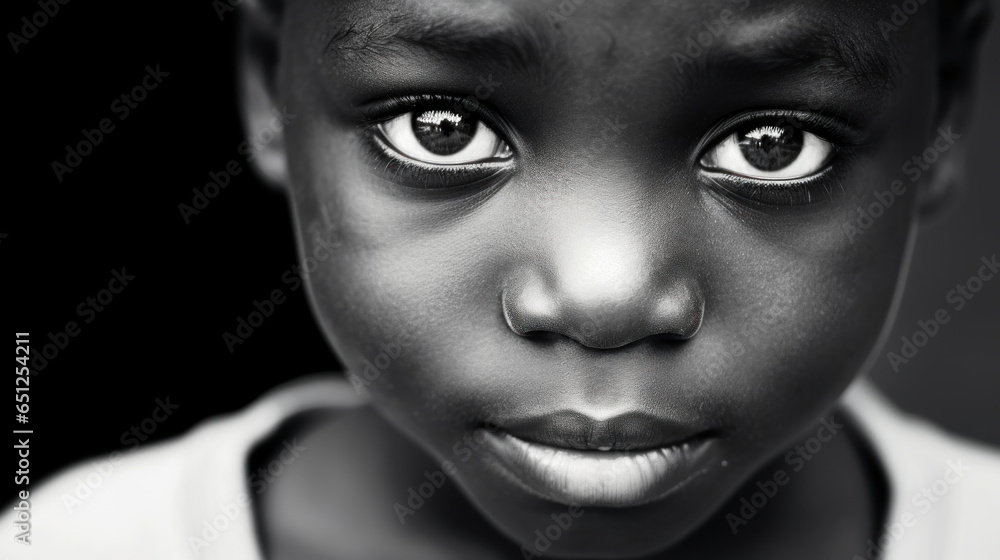 gros plan noir et blanc d'un visage d'enfant africain, regard intense et profond, texture de peau et éclairage contrasté - obrazy, fototapety, plakaty 