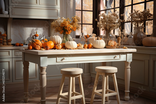 Modern white kitchen decorated for Halloween with orange pumpkins and a vase of autumn flowers with fall leaves. Thanksgiving festive serving concept.