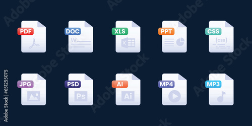 Vector Document File Format File Type Icons Collection Isolated Dark Background photo