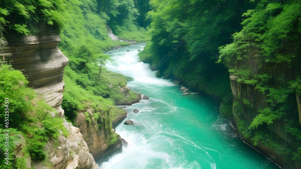 Nature's Majesty Unveiled: A Meandering River Embracing a Verdant Canyon Paradise