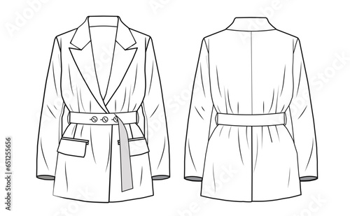 Blazer, Waist Knot Belt Blazer  Fashion Illustration, Vector, CAD, Technical. Flat apparel jacket template front and back, white colour. Unisex CAD mock-up.