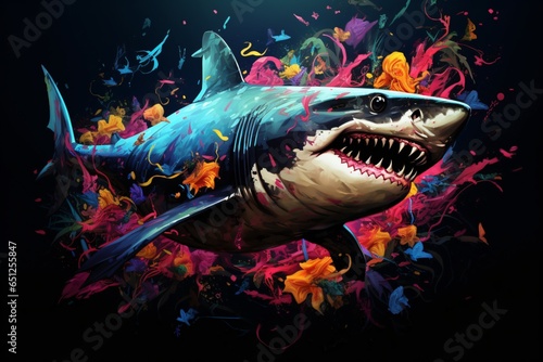 Colorful painting of a shark on a dark black background © Tarun