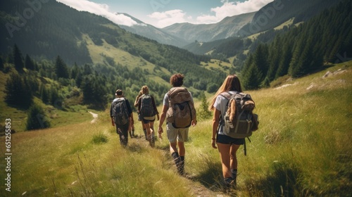 photo of a family and friends hiking together in the mountains in the vacation trip week. sweaty walking in the beautiful nature, travel, nature, adventure © pinkrabbit