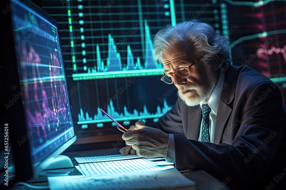 A handsome middle-aged man with gray hair in a stylish business suit is studying financial charts of the growth and decline of his business. A handsome middle-aged man with gray hair in a stylish business suit is studying financial charts of the growth and decline of his business.