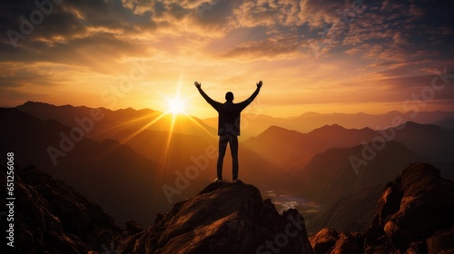 Silhouette of man stand and feel happy on the most hight at the mountain on sunset  success  leader  teamwork  target  Aim  confident  achievement  goal  on plan  finish  generate by AI