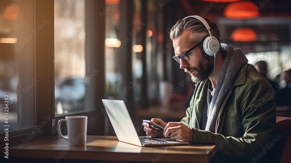 man with headphones sitting in a cafe man with headphones sitting in a cafe