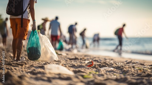 a group of people volunteers cleaning the beach