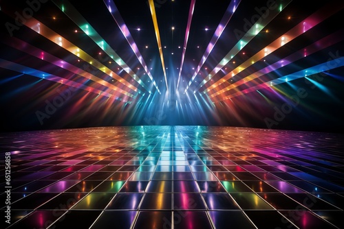 Illustration of a vibrant and colorful disco room with mesmerizing lights created with Generative AI technology