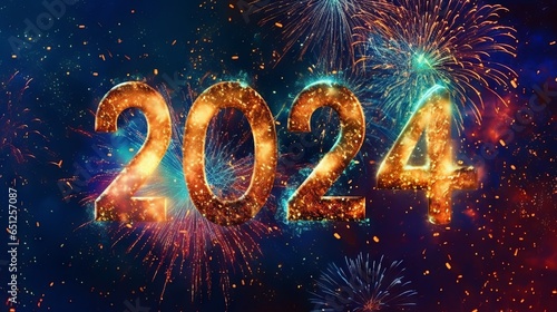 Happy New Year 2024 written fireworks sparklers poster template, AI generated