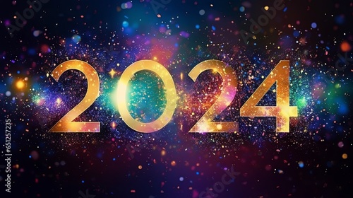 Happy New 2024 Year poster template with Sparkles bokeh, AI generated