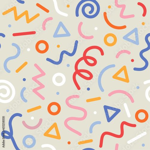Creative collection upbeat childish drawing scribble. Colorful seamless pattern with abstract colorful shapes. Modern vector seamless pattern of doodle lines. 