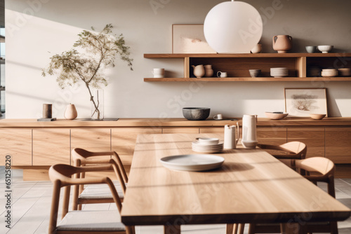 Japandi Design  open-concept dining area  featuring a long wooden table set with Japanese ceramic bowls  flanked by Scandinavian style chairs. Traditional Japanese ink painting on the wall.