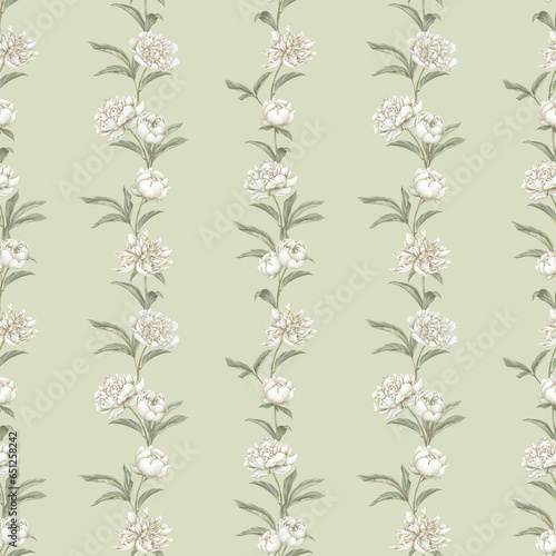 White pastel peony seamless pattern. Hand drawn blooming floral background. Soft tones