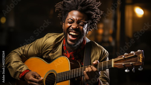 Exuberant African musician bursts with joy, clapping hands and playing guitar. His euphoria evokes the raw spirit of jazz.