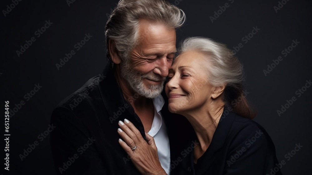 Mature senior fashion couple hugging each other isolated on gray background, studio shot, concept of love, family, and senior romance. Mature senior fashion couple hugging each other isolated on gray background, studio shot, concept of love, family, and senior romance.