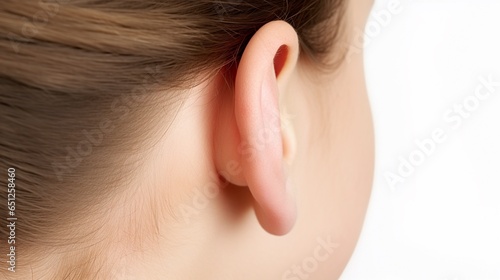 Close up of a girl's ear, isolated on white. photo
