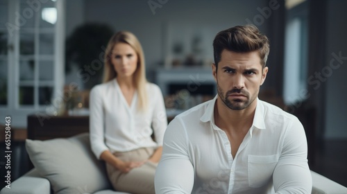 Young couple ignoring each other in living room, Upset couple ignoring each other. Worried man in tension at bed. Young couple angry with each other after a fight.