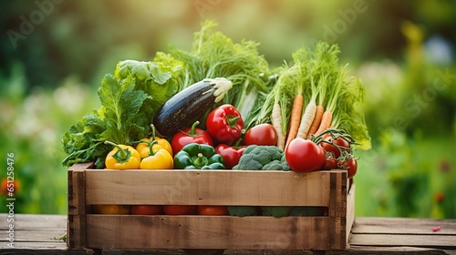 Wooden box with harvest vegetables on blurred green farm field background, with copy space, banner for October festivals, thanksgiving, harvest moon.