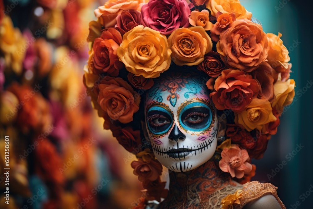 Day of The Dead. Woman with sugar skull makeup on a floral background in the street. AI Generated