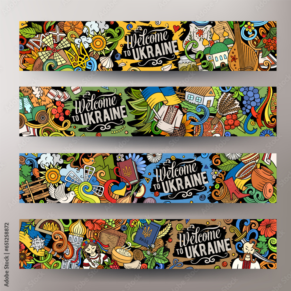 4 horizontal banners with Ukraine theme doodles