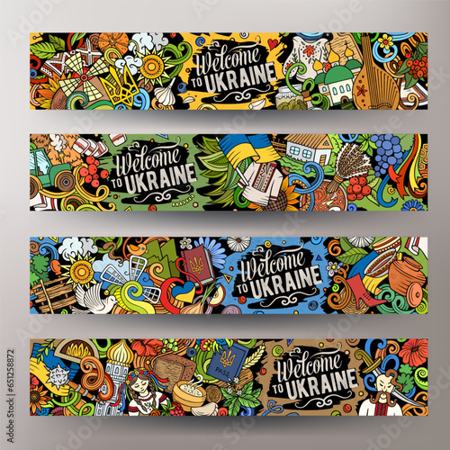 4 horizontal banners with Ukraine theme doodles