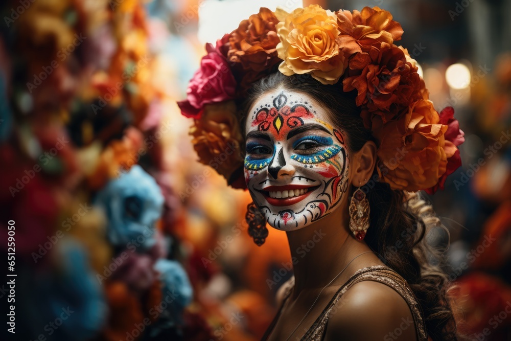 Day of The Dead. Woman with sugar skull makeup on a floral background in the street. AI Generated Day of The Dead. Woman with sugar skull makeup on a floral background in the street. AI Generated