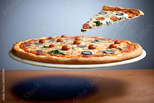 a pizza and a slice flying over the wooden table on blue background