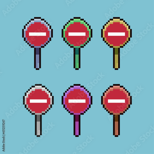Pixel art sets of prohibition sign items loot with variation color item asset simple bits of traffic on pixelated style 8bits perfect for game asset or design asset element for your game design asset
