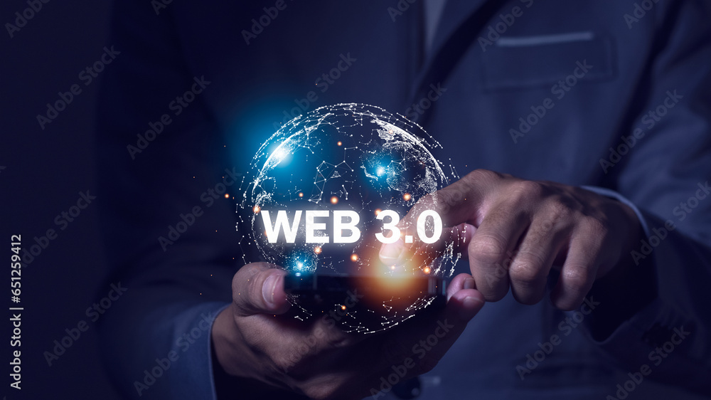 Web 3.0 Businessman uses mobile phone showing Web 3.0 with globe. Global Network Technology, Blockchain Future Technology, Global Futuristic, Internet Website Development, Global Business