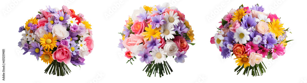 Set of bouquets of colorful spring flowers. Isolated on Transparent background.