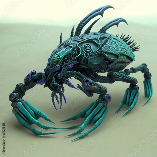 giant mechanical Coenobita brevimanus hermit crab dark gray metal with greenish blue glowing tribal patterns rising from the sea humongous crab claw arms mounted laser cannons vehicle mecha hyper  photo