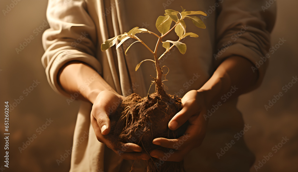 young hands holding a sprouting tree in the sunlight