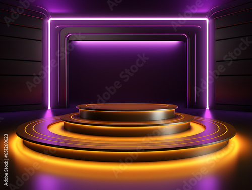 Abstract dark purple background with round podium and neon lights. 3d render