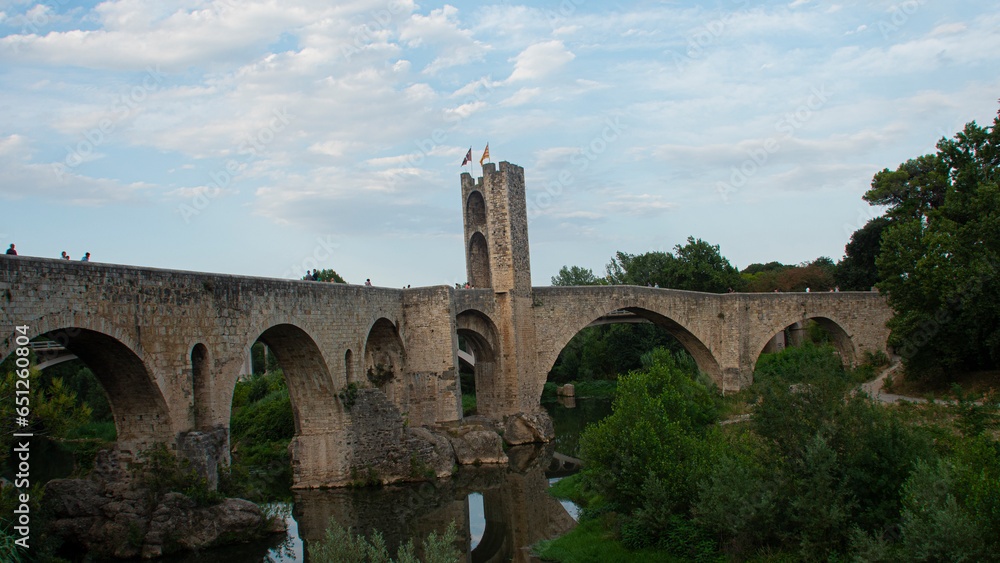 View of the medieval village, the bridge and the river of Besalú in Catalonia (Spain).