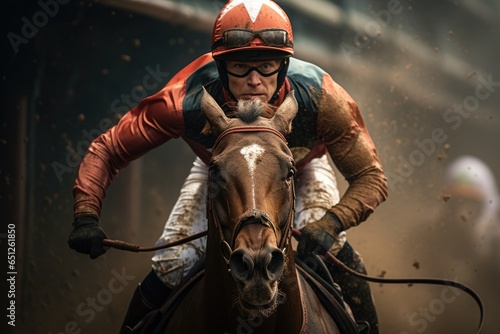A jockey riding a horse in a horse racing