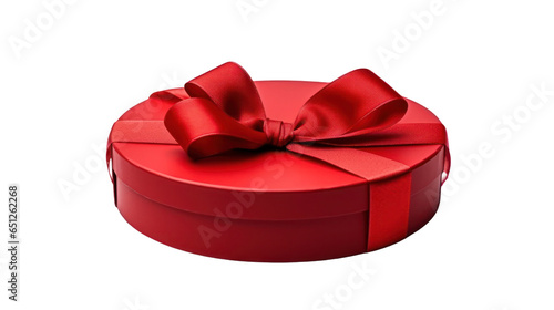 Red round gift box with ribbon, isolated on transparent background, generative ai