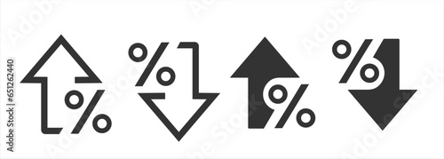 Percentage growth. Percent arrow up and down flat style symbol. Decline icons