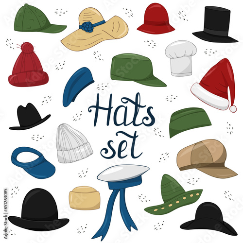 Hand drawn vector set of man and woman hats. Stylish male and female headwear. Baseball cap and elegant hats. 