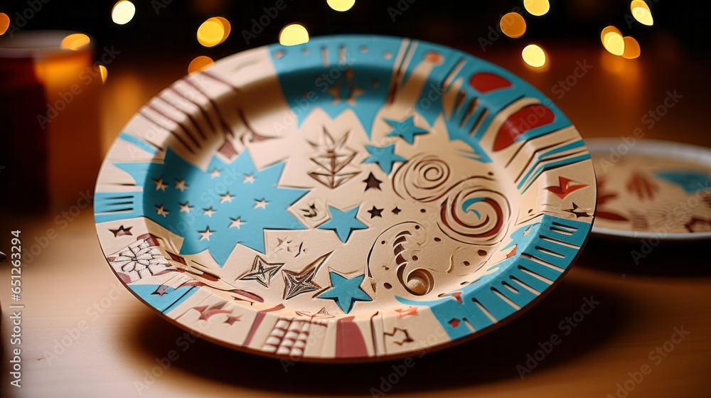 A festive plate made of colored paper for birthday parties