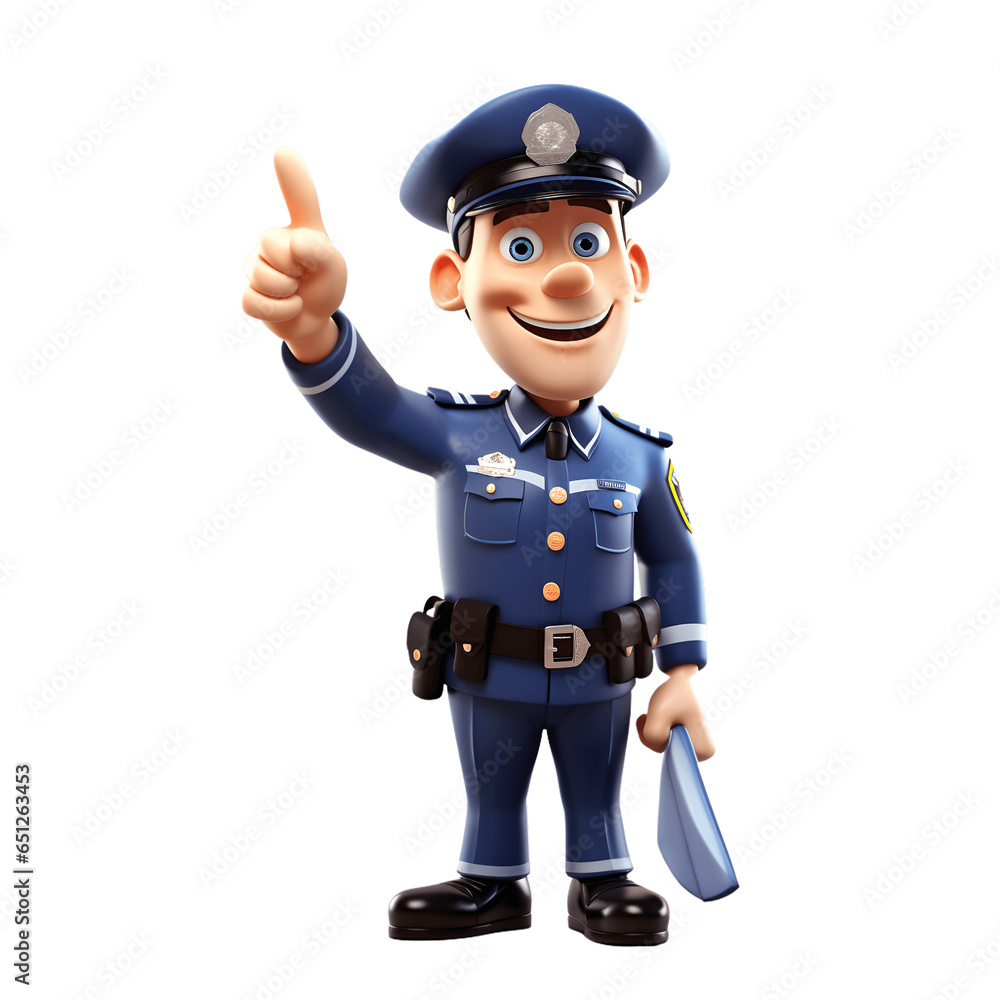 3D Cartoon Police Officer Character Pointing Up Isolated on Transparent Background