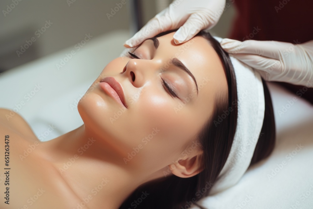 A woman is shown receiving a relaxing facial massage at a spa. This image can be used to promote spa services and self-care routines.